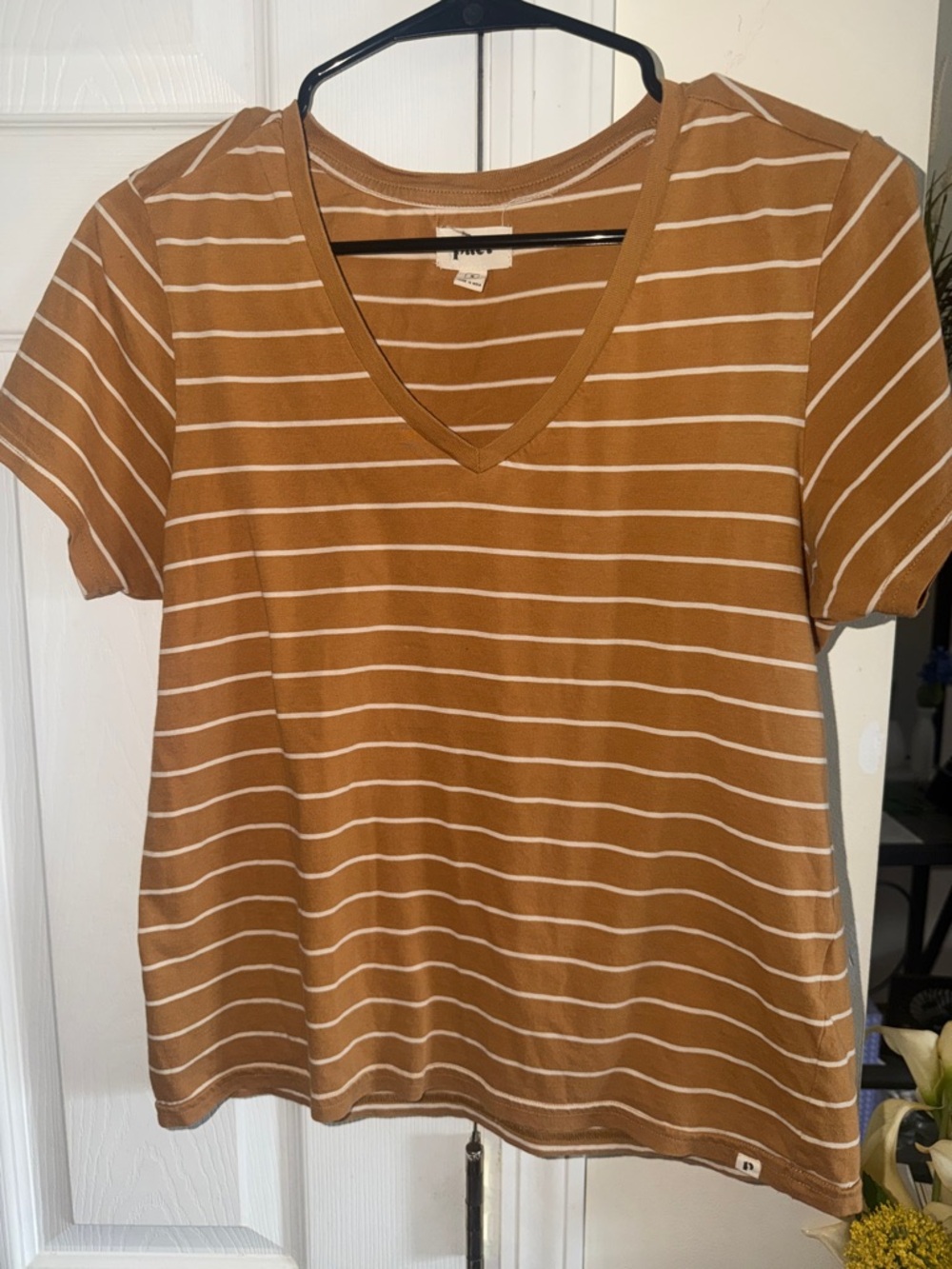 Pact Tan and White Striped V-Neck Tee
